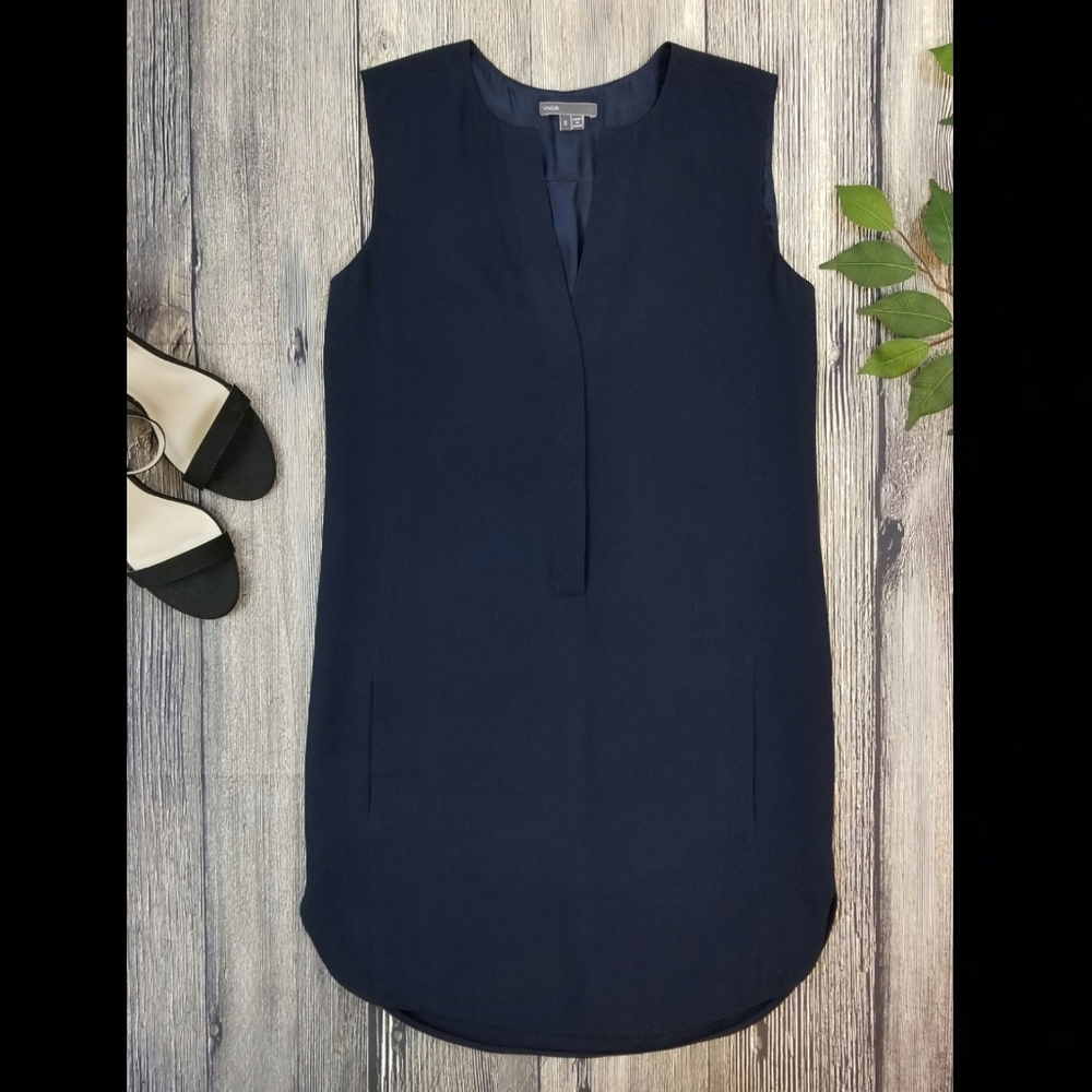 Vince Split Neck Navy Shift Dress Size 2